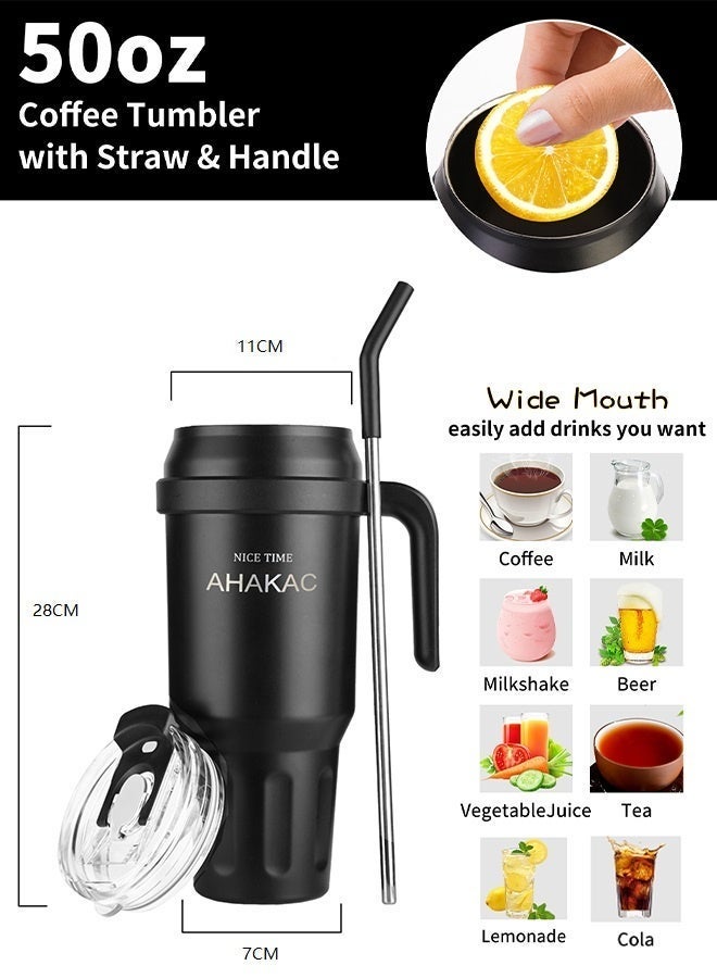 أهاكاك كوب معزول بتفريغ الهواء من الفولاذ المقاوم للصدأ سعة 50 أونصة، كوب عالي السعة مع غطاء وماصة، كوب مانع للانسكاب، مناسب للماء والشاي المثلج والقهوة والعصائر وغيرها - Image 5